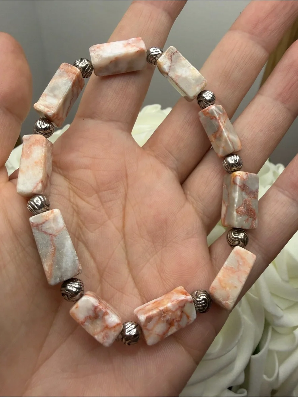 Natural Peach Marble Stone Bracelet with Silver Accent Beads